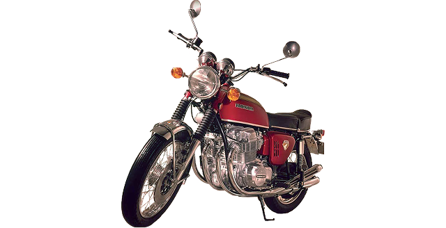 Moto Honda 1969 sur fond bleu clair.